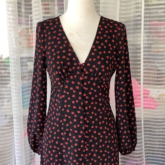 NWT TOPSHOP Ditzy Rose Button Front Midi Prairie Dress Women’s 8 Black Red - Picture 4 of 13